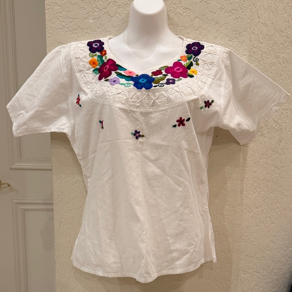 Floral Hand Embroidered White Linen Blouse